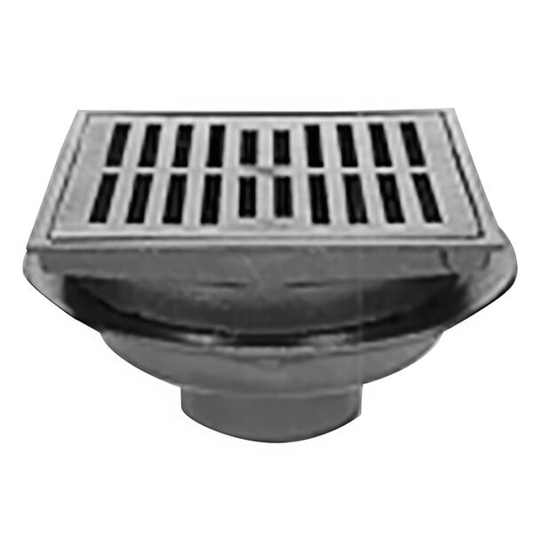 A Zurn floor drain with a black and white drain cover.