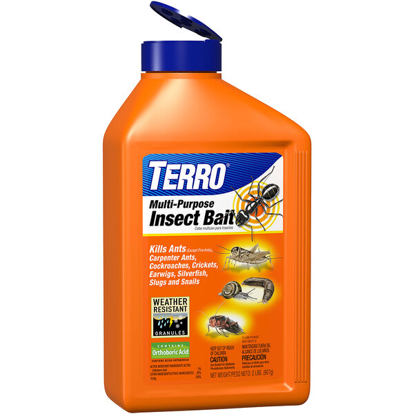 A close up of a blue and black Terro T2401 Multi-Purpose Insect Bait bottle.