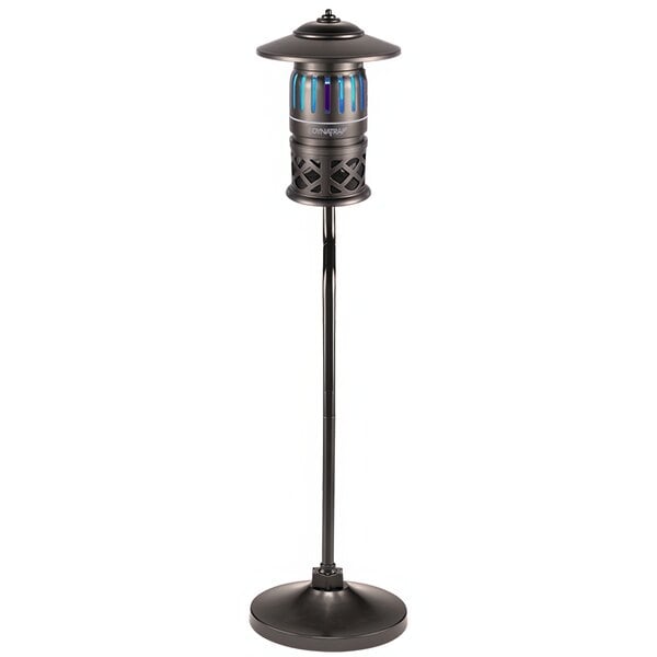 A black round Dynatrap insect trap with a black stand and blue lights.