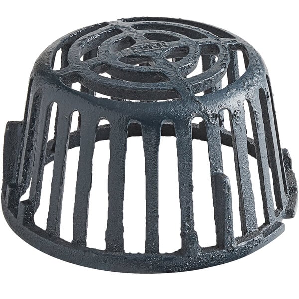 A black metal Zurn cast iron dome strainer with a hole in it.