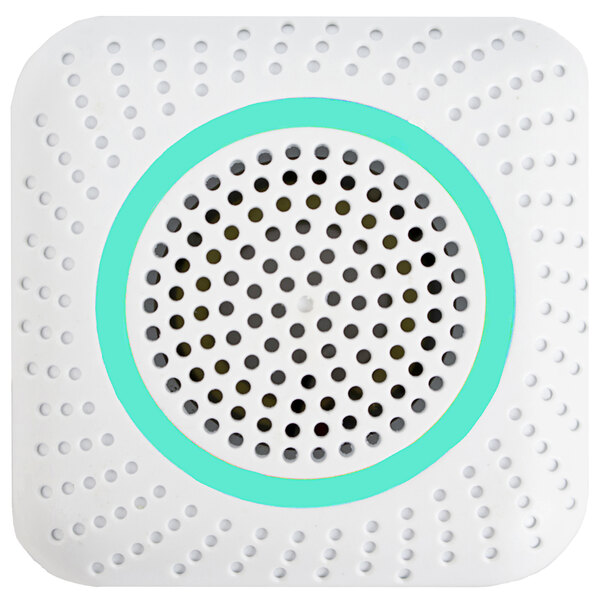 A white circle with holes in it and a blue dot.