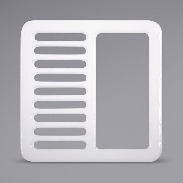 A white rectangular Zurn enameled cast iron half grate with gray rectangular shapes.