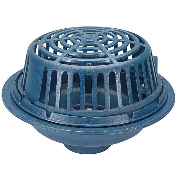 A Zurn blue plastic roof drain cover with holes.