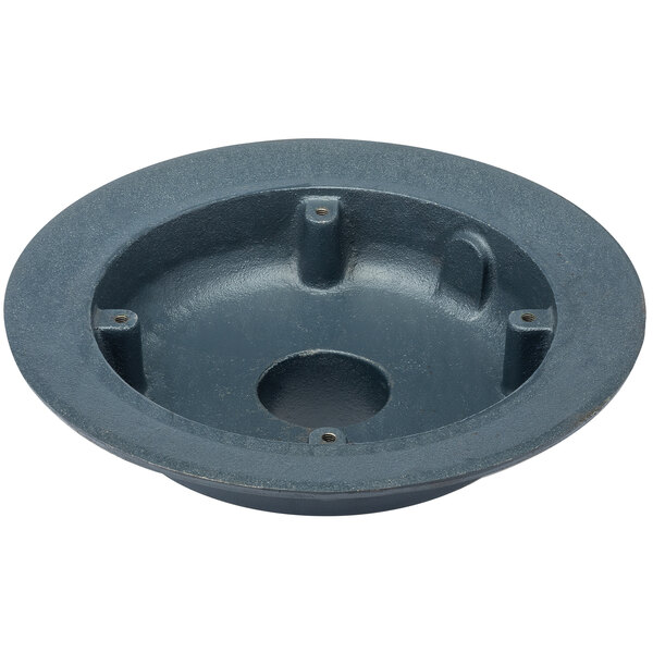 A round gray metal Zurn roof drain body with holes.