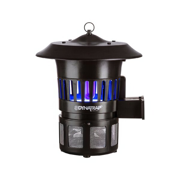 A black Dynatrap insect trap with blue lights.