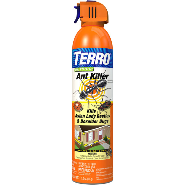 A Terro outdoor ant killer spray bottle with a label showing insects.