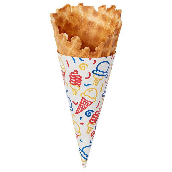 A Keebler jacketed waffle cone with ice cream in it.