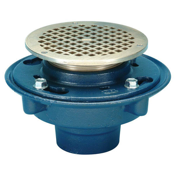 A blue Zurn floor drain with a silver metal round grate.