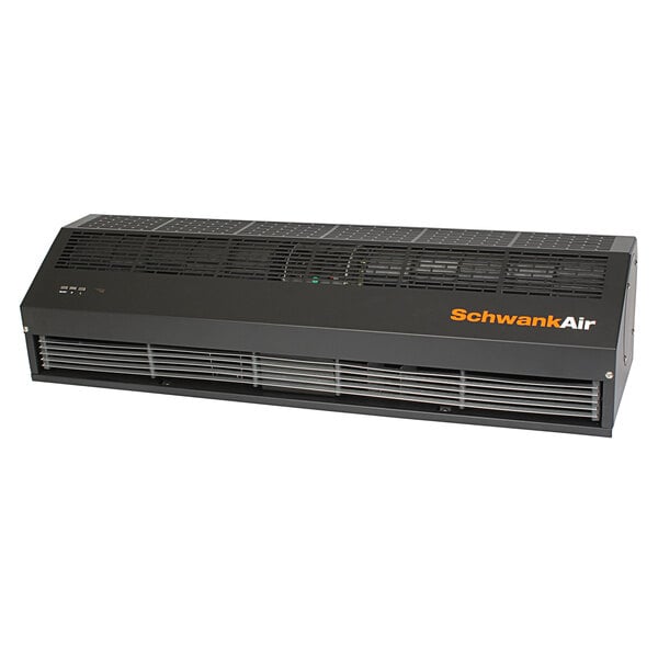 A black rectangular SchwankAir electric door air curtain with a vent.