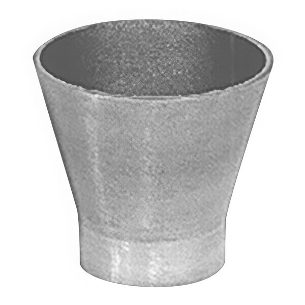 A grey metal cone with a small hole in it on a white background.