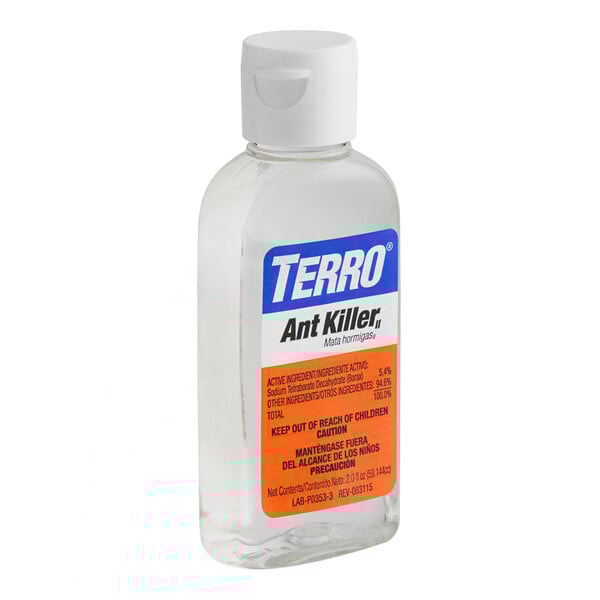 A Terro T200-12 Liquid Ant Killer bottle with a white cap.