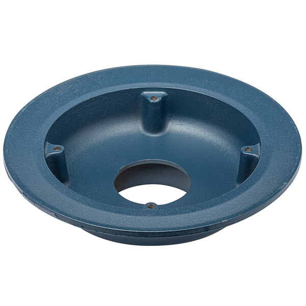 A blue Zurn cast iron roof drain body with a circular hole in the center.