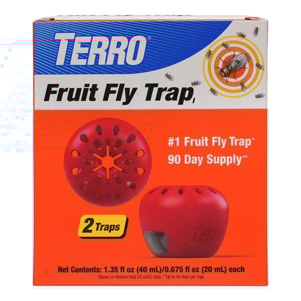 A white box with red and yellow accents for Terro Fruit Fly Traps with a red circle with holes.