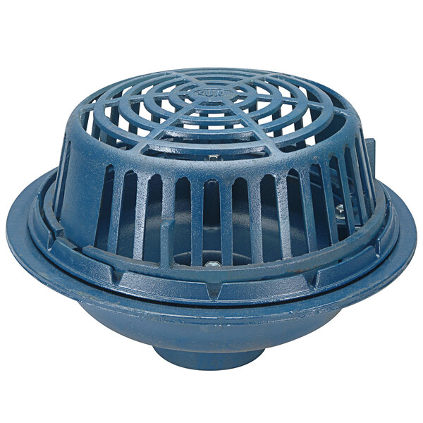 A blue Zurn roof drain cover with holes.