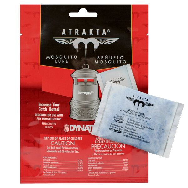 A red and white package of DynaTrap Atrakta Mosquito Lure with a black and white logo.