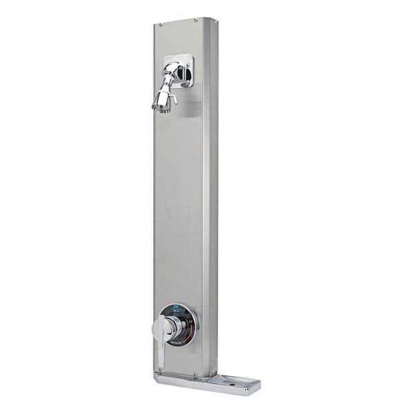 A stainless steel rectangular Zurn Temp-Gard shower panel with a lever.