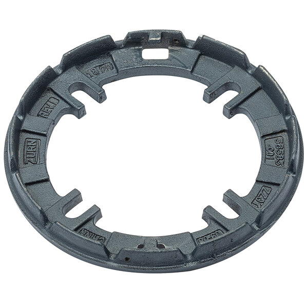 A circular black metal clamping collar with holes in it.