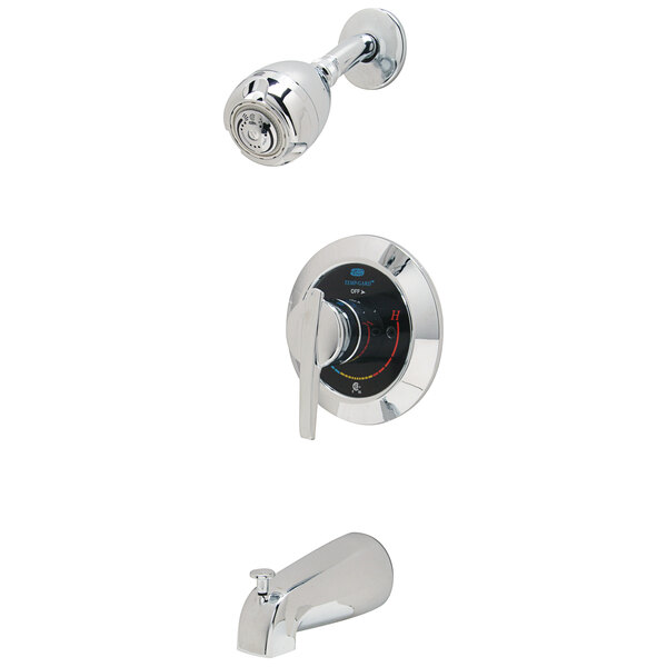 A close-up of a chrome Zurn shower faucet with a knob