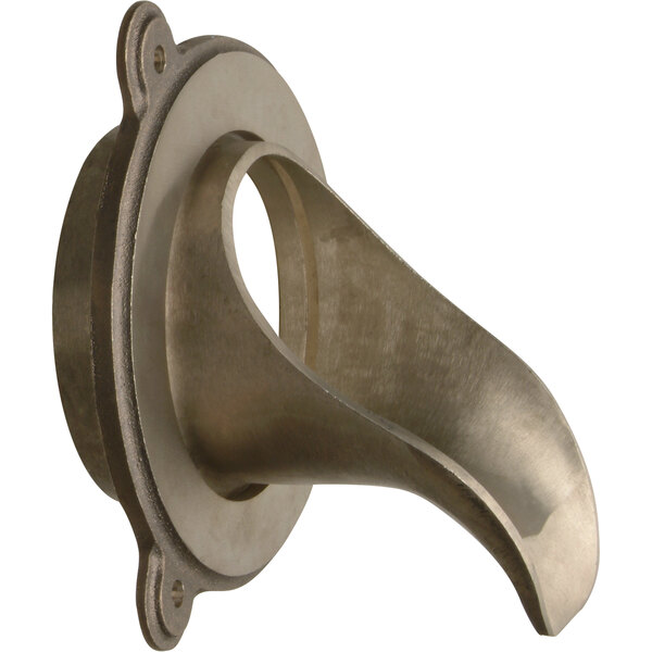 A Zurn bronze downspout nozzle with a curved metal end and a hole.