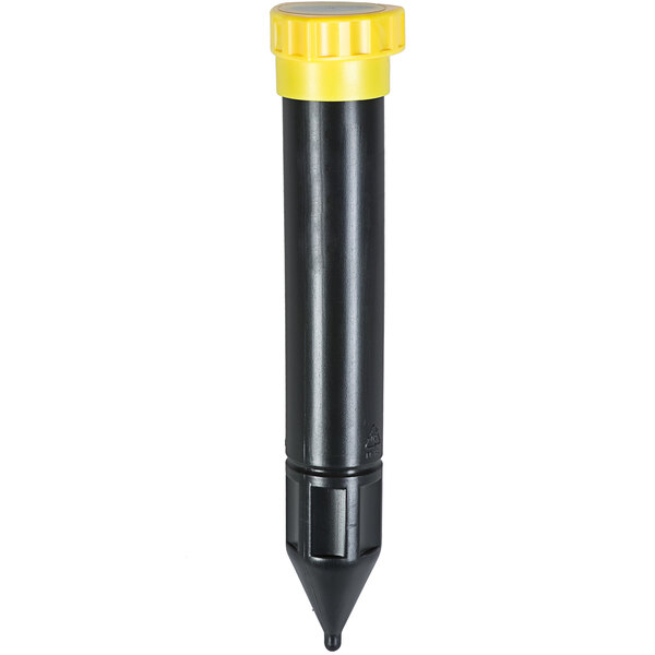A black and yellow plastic cylinder with a white lid.