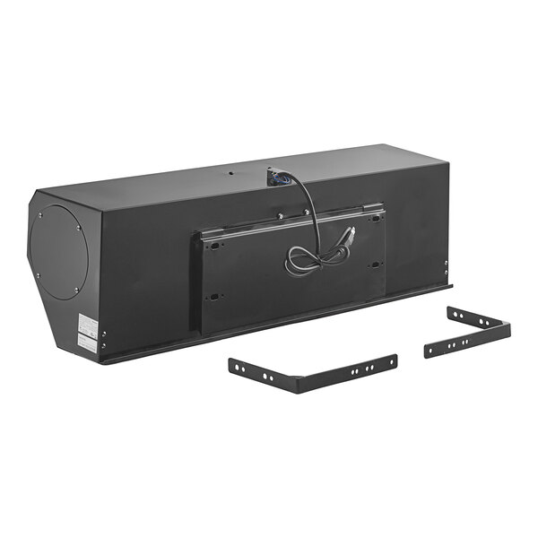 A rectangular black metal device with a power cord and two separate mounting brackets placed in front of it.