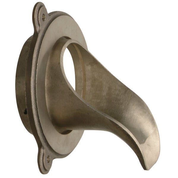 A close-up of a Zurn bronze downspout nozzle with a circular hole in it.