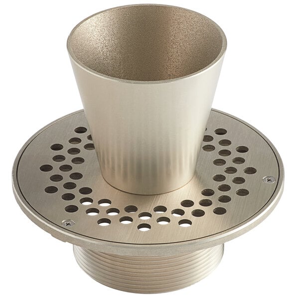 A Zurn polished nickel bronze round metal strainer with holes.