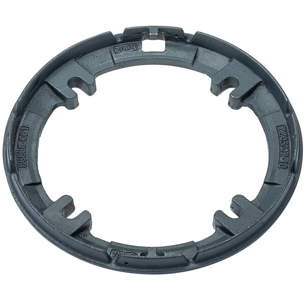 A Zurn cast iron clamping collar for roof drains, a black circular ring with holes in it.