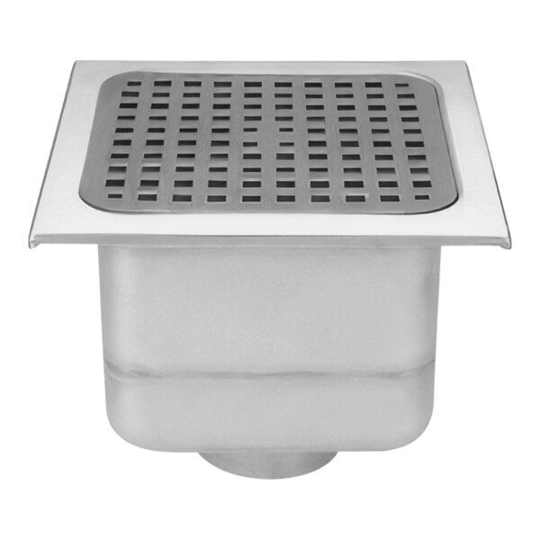 A Zurn stainless steel floor drain with a square grate.
