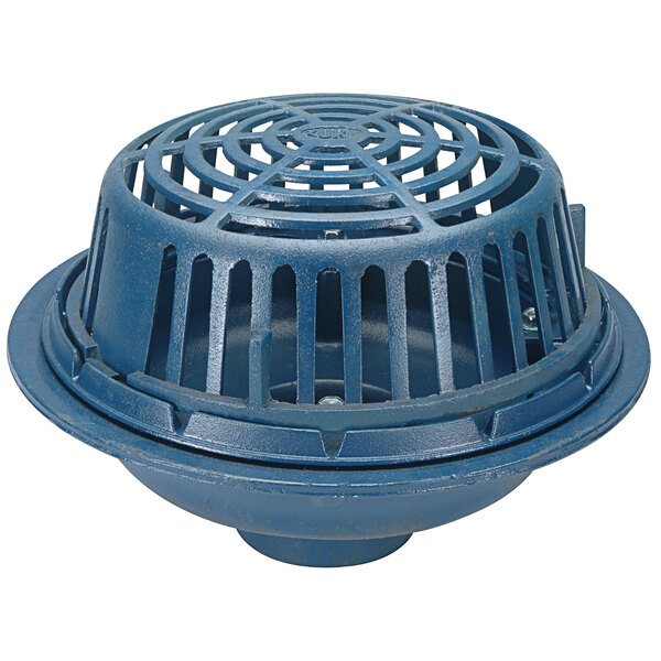 A Zurn cast iron roof drain with a blue low silhouette poly dome.