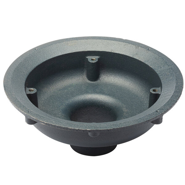 A black cast iron Zurn roof drain body with holes in it.