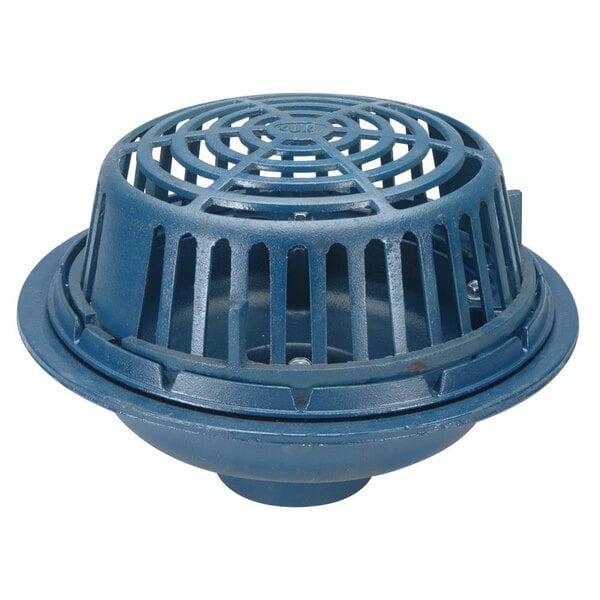 A Zurn blue metal drain cover with holes.