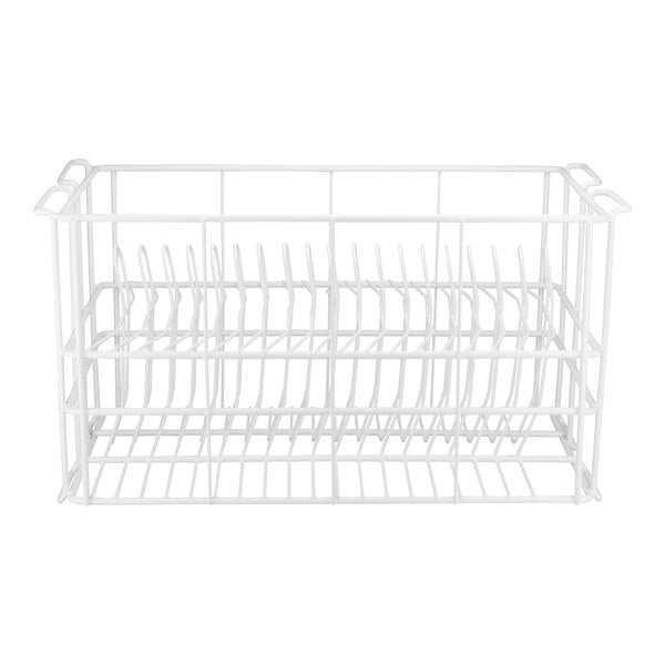 A white 20-compartment wire rack designed for washing, storing, and transporting dinner plates up to 11 inches.