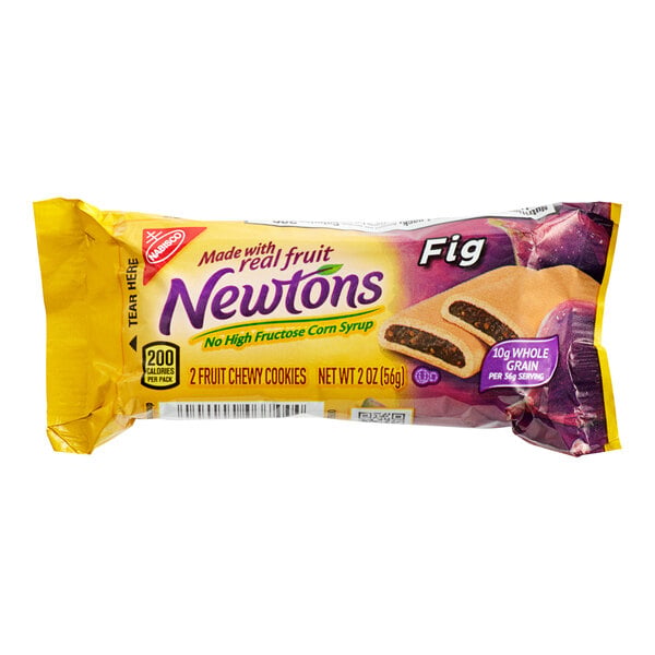 A package of Newtons fig cookies with two cookies shown on the wrapper.