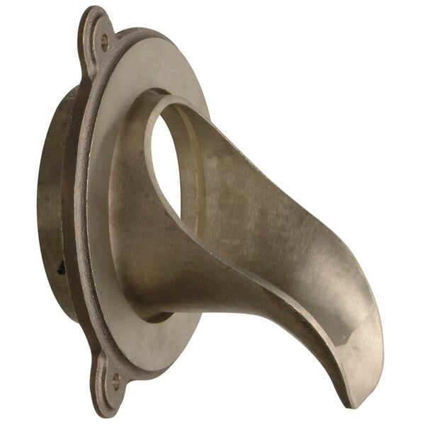 A Zurn bronze downspout nozzle with a circular metal object with a hole in it.