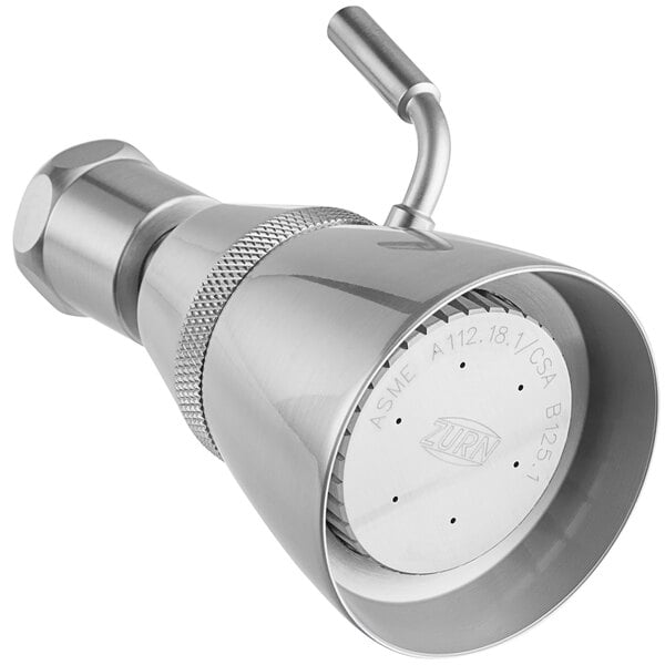 A Zurn Temp-Gard shower head with a satin nickel finish.