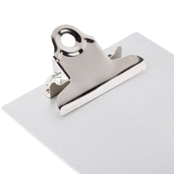 A Menu Solutions Alumitique aluminum clipboard with a silver metal clip.