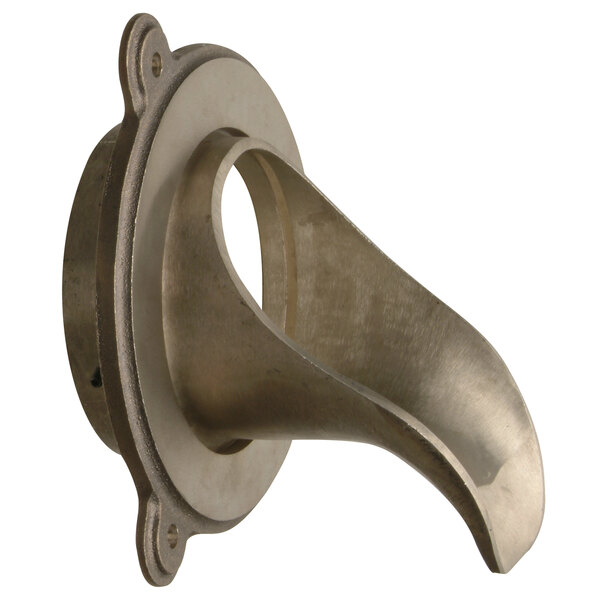 A Zurn bronze downspout nozzle with a curved metal end and a hole.