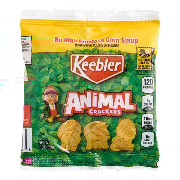 A KEEBLER bag of animal crackers with text and animal shapes.