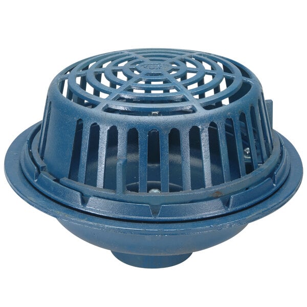 A Zurn cast iron roof drain with a blue plastic dome covering a hole.