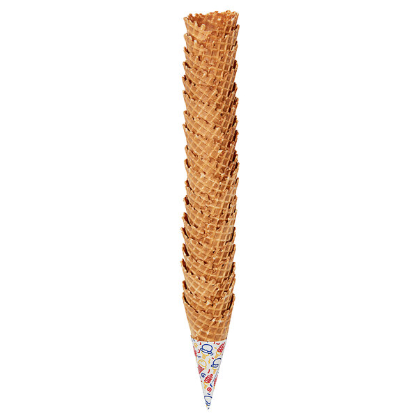 A stack of Keebler Colosso jacketed waffle cones with a pattern on them.