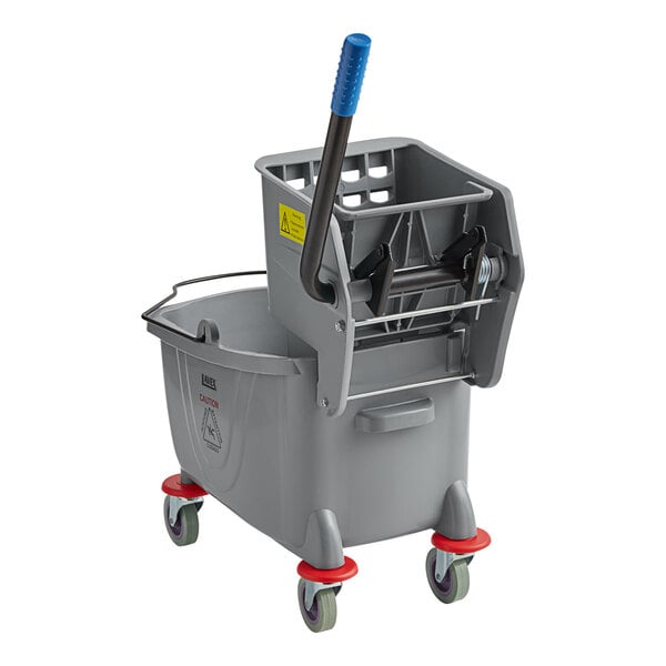 A grey Lavex mop bucket with a handle and wringer on wheels.