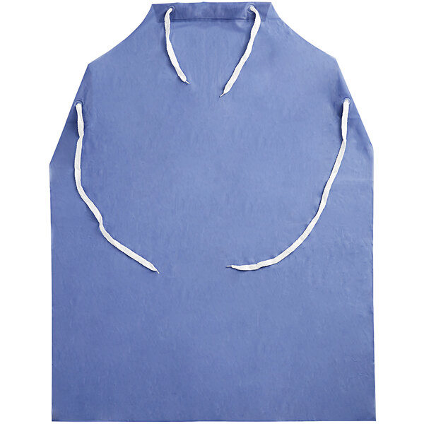 a blue plastic apron with white string