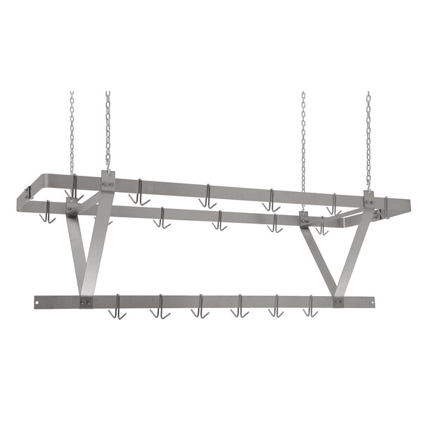 A stainless steel Eagle Group ceiling-mounted pot rack with hooks.