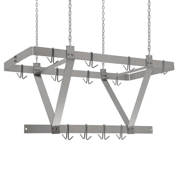 A stainless steel Eagle Group ceiling-mounted pot rack with hooks.