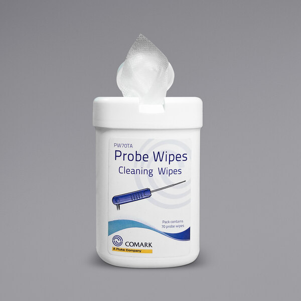A white plastic bag with a white label and a blue and white label for Comark Anti-Bacterial Thermometer Probe Wipes.