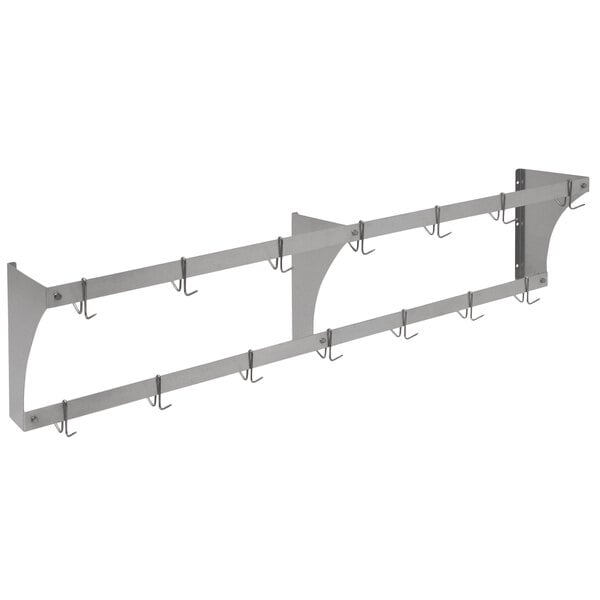 a white metal rack with hooks