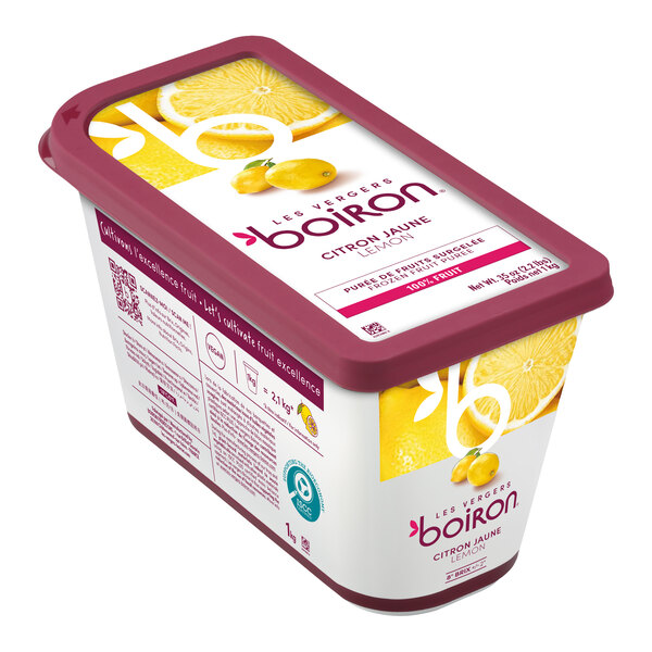 A rectangular container of Les Vergers Boiron Lemon 100% Fruit Puree.