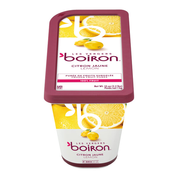 A container of Les Vergers Boiron Lemon 100% fruit puree.