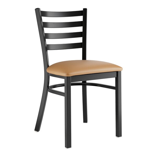 Lancaster Table & Seating Black Finish Ladder Back Chair with 2 1/2" Light Brown Vinyl Padded Seat